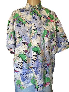 Jack Lipson Short-Sleeve Tropical Button-Down Shirt - Green, Blue & White.